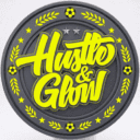 Hustle & Gown logo with soccer balls and laurel wreaths for soccer league.