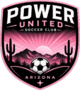 Power United Soccer Club Arizona emblem with desert landscape and soccer ball.
