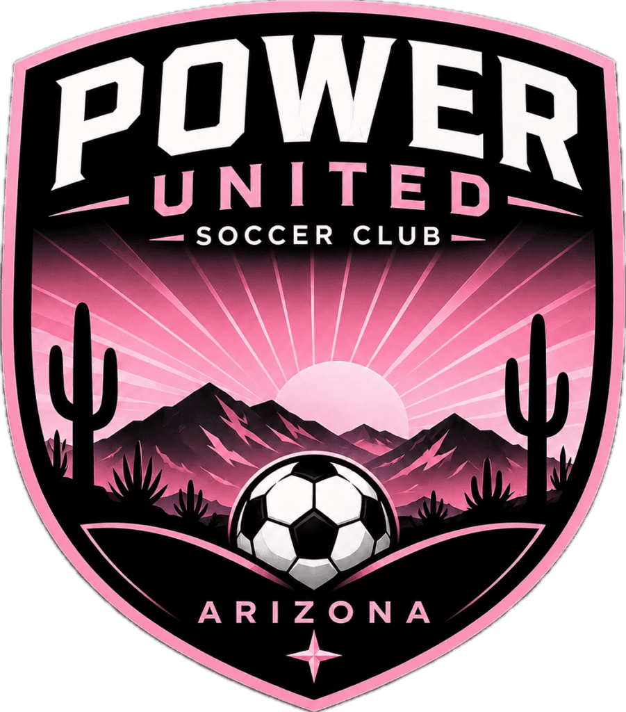 Power United Soccer Club Arizona emblem with desert landscape and soccer ball.